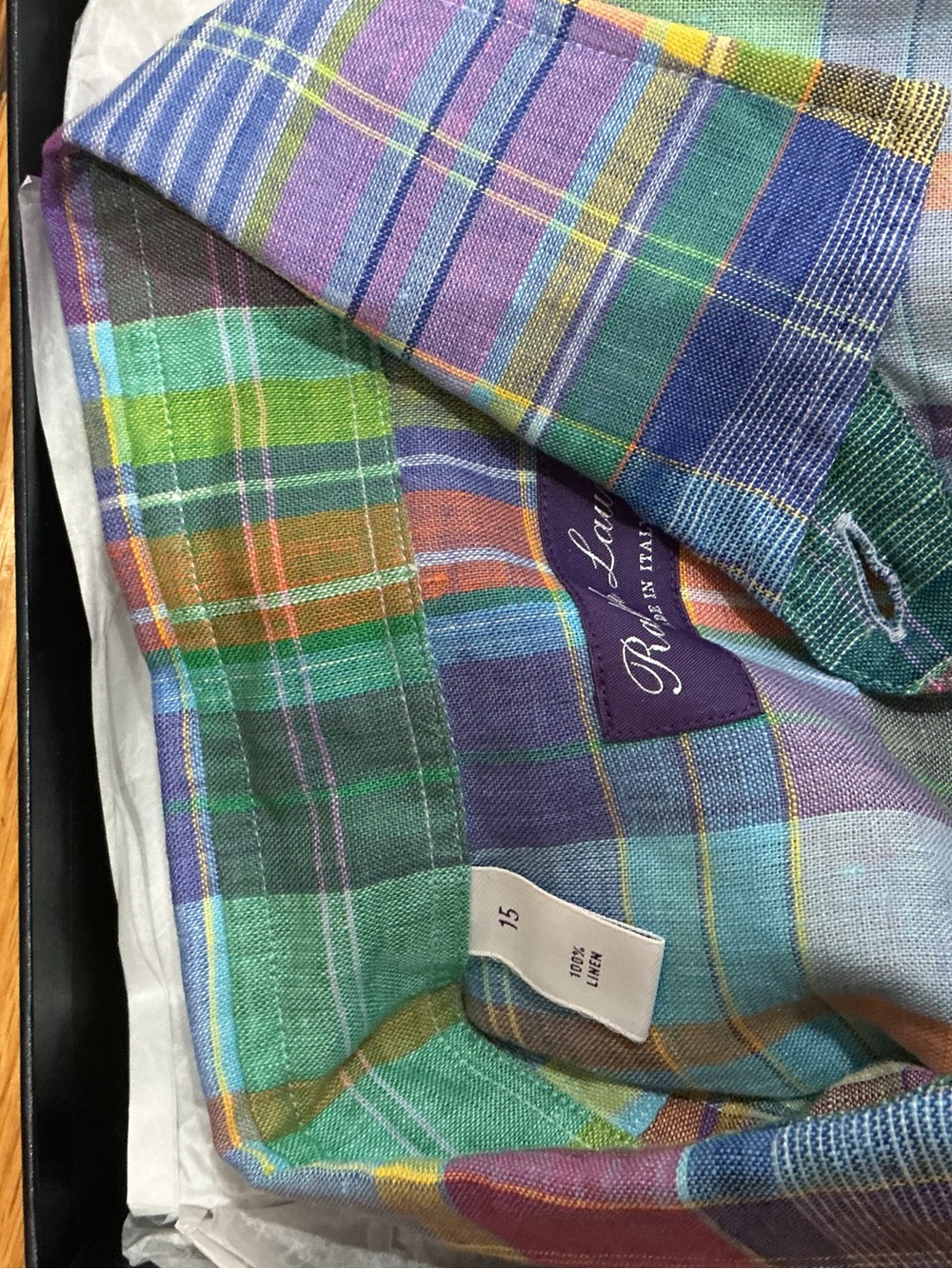 Ralph Lauren Purple Label Multicolor Plaid Chambray Linen Button-Down Shirt - Picture 2 of 5